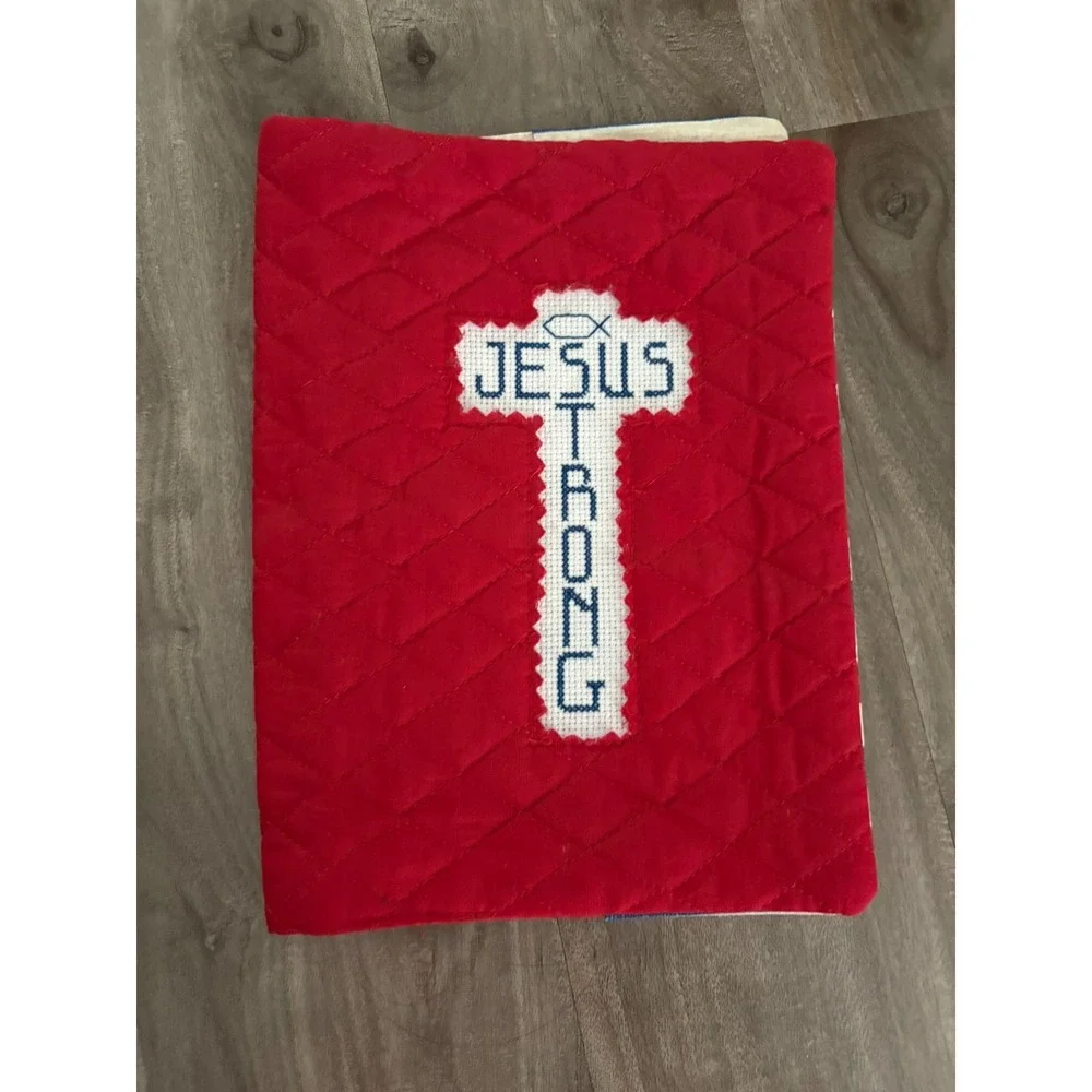 Handmade Vintage Quilted Bible Cover Cross Jesus Strong Red white blue